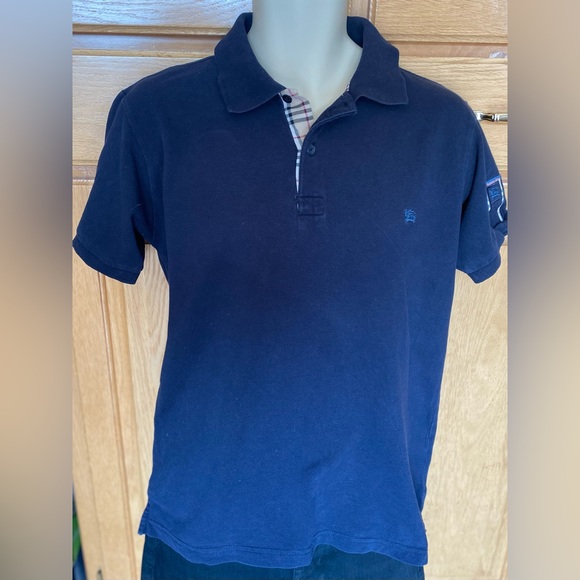 Mens BURBERRY Upscale Polo🐴Navy/ Nova Check Details & sleeve LOGO🔥20.5”p-p-MED - Picture 3 of 16